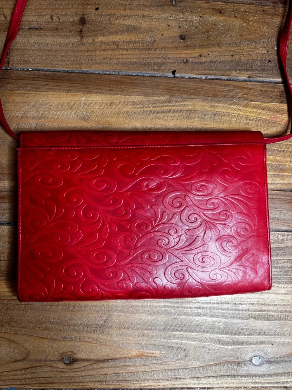 Red Embossed Leather Crossbody Clutch